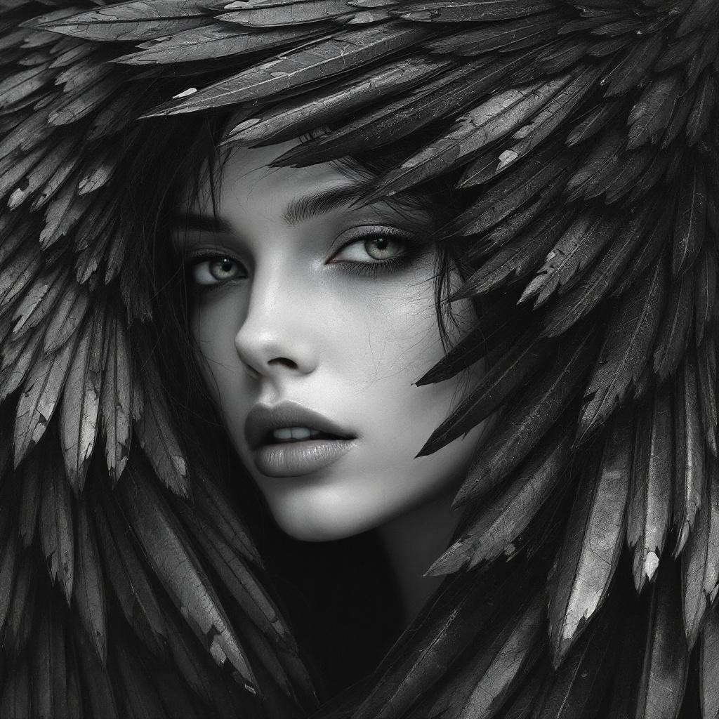 Black-and-white portrait of a woman with feathers