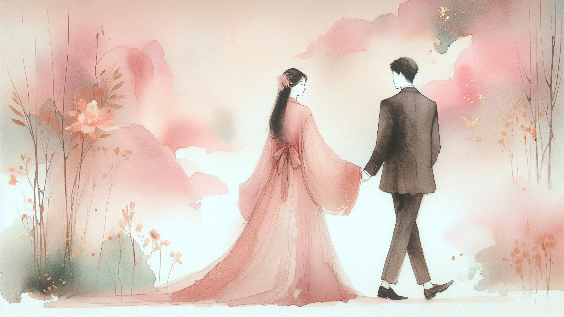 Watercolor Painting of Couple Walking in Dreamlike Setting