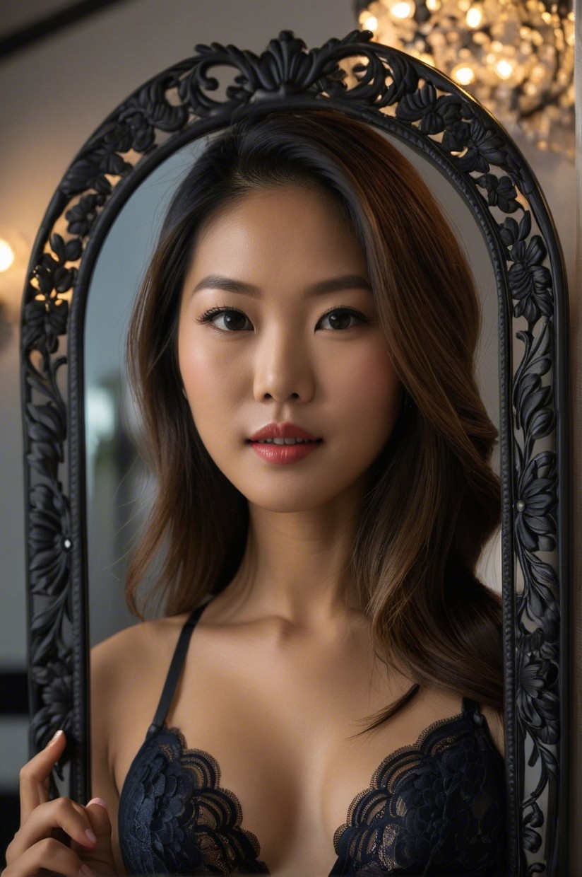 Young Woman Posing Elegantly Before Decorative Mirror