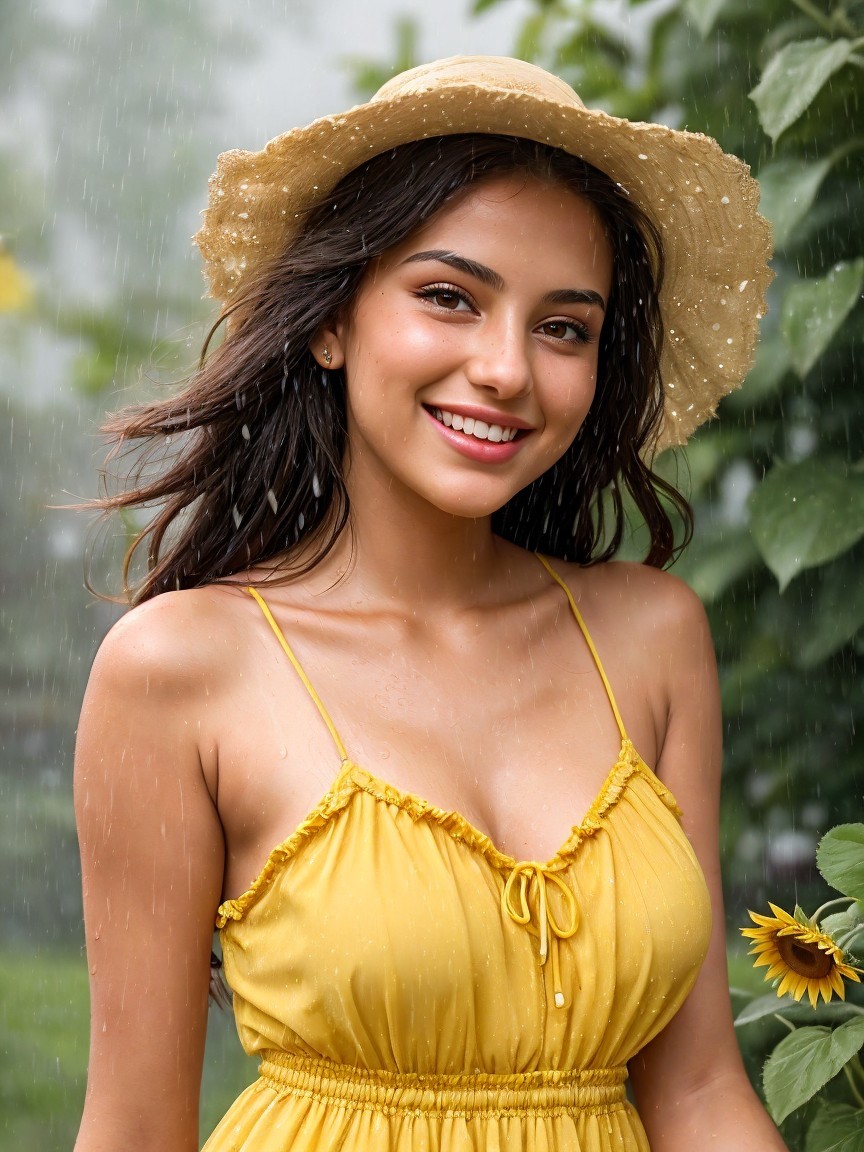 Young woman in yellow sundress in a lush setting