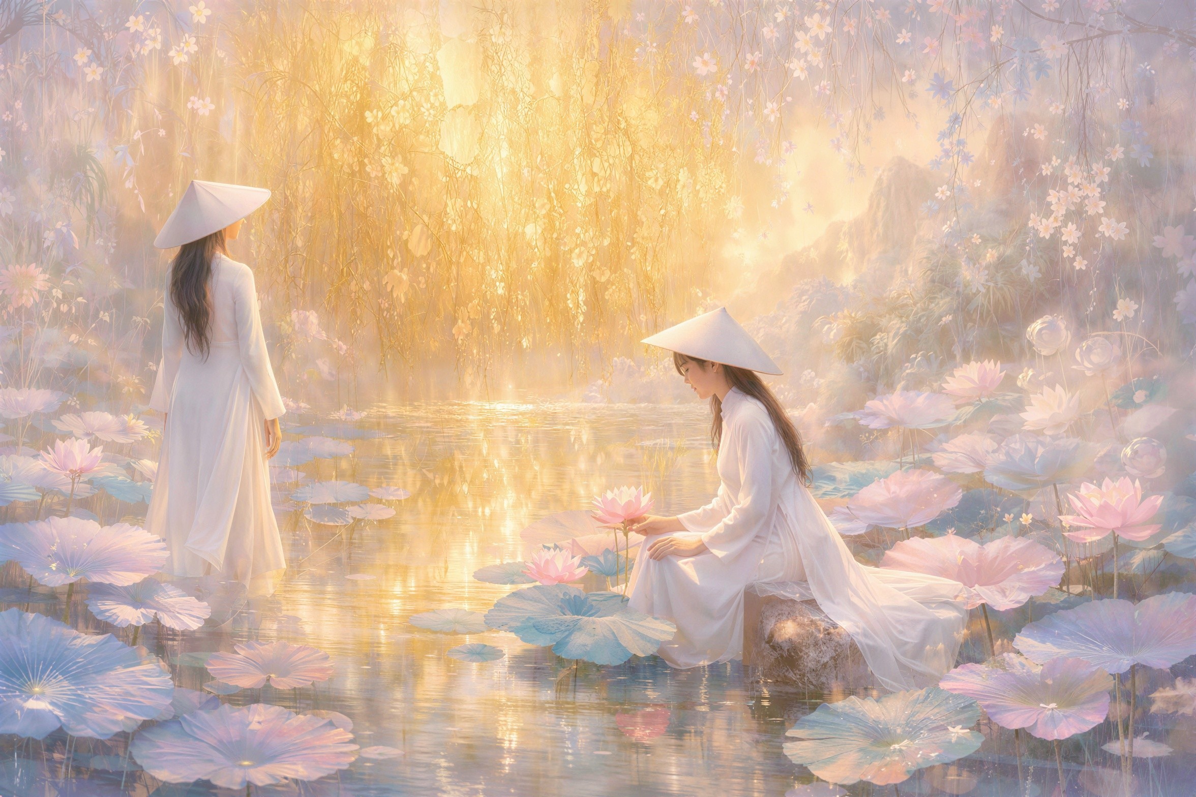 Photorealistic Scene of Vietnamese Women in a Pond