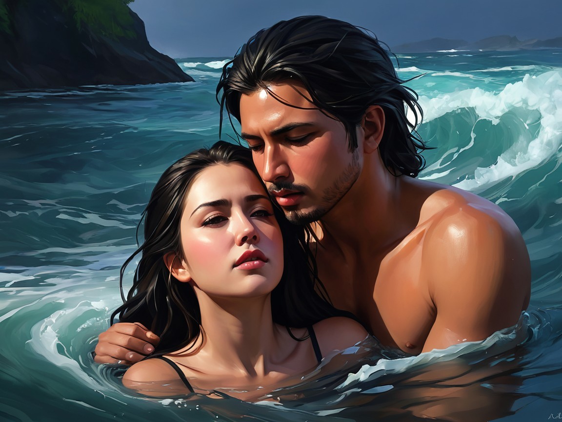 Couple Embracing in Ocean with Vibrant Waves