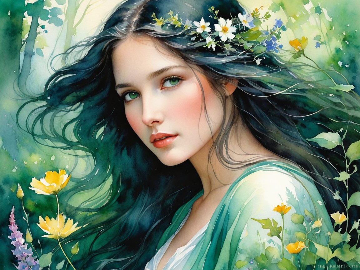 Portrait of a Young Woman with Flowers in Nature