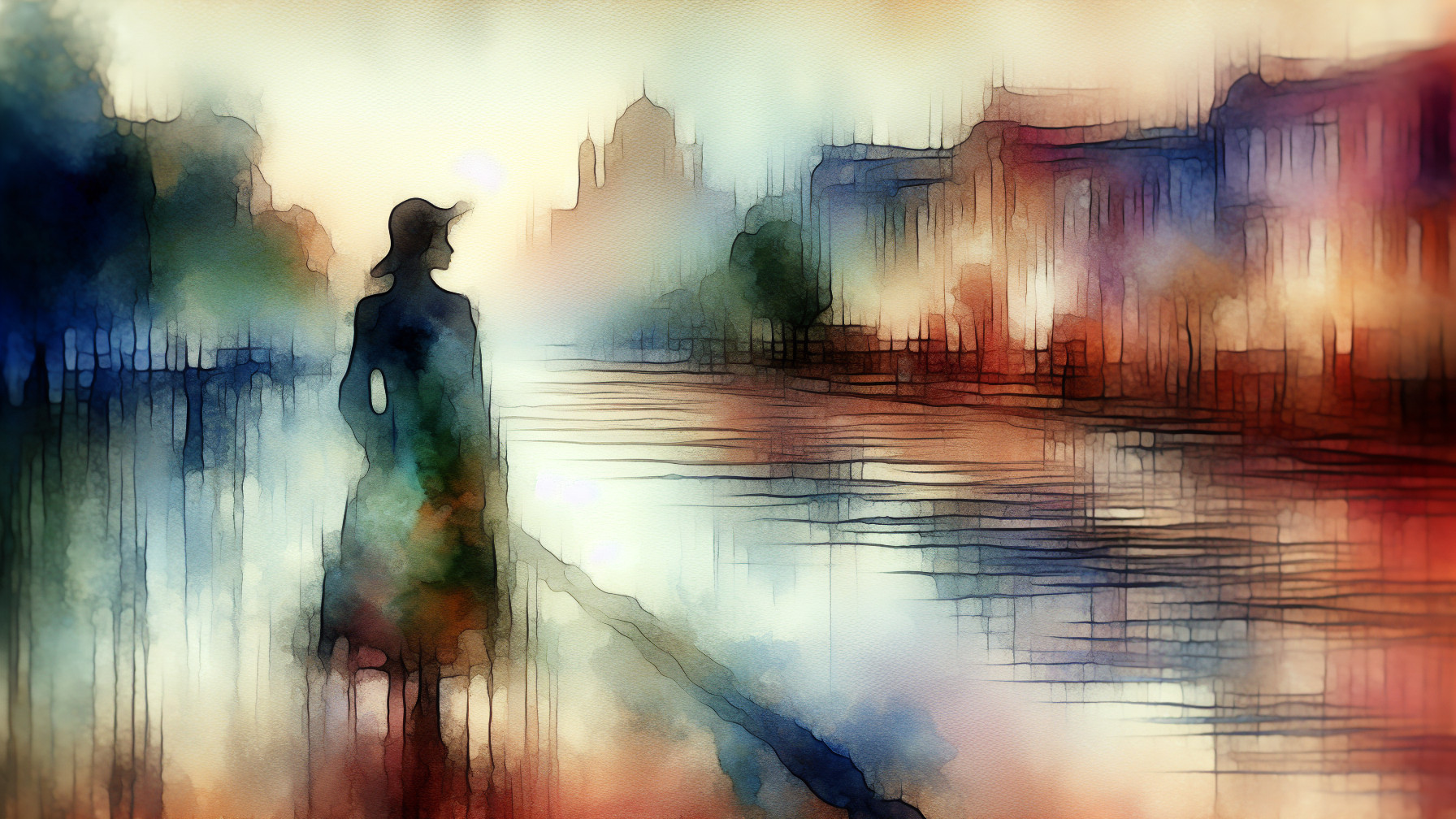 Abstract Watercolor Scene of Figure by Tranquil River