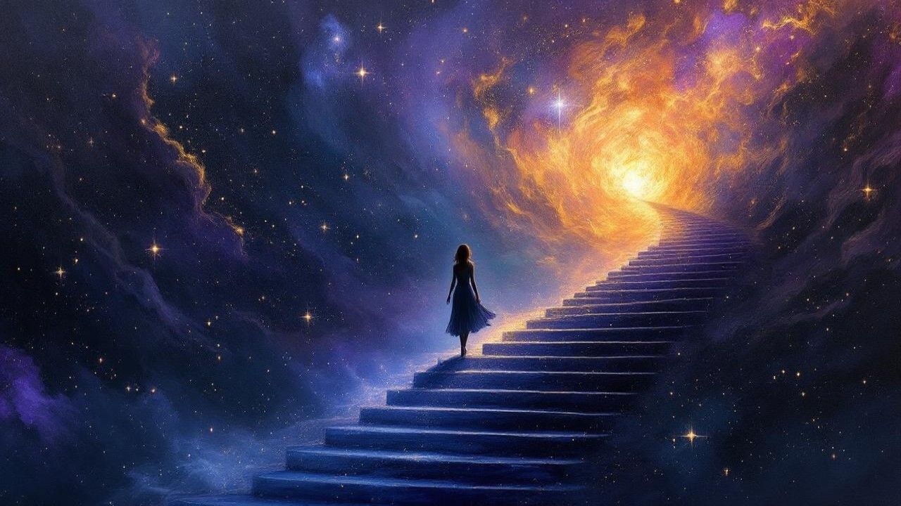 Solitary Figure Ascending Grand Staircase to Cosmos