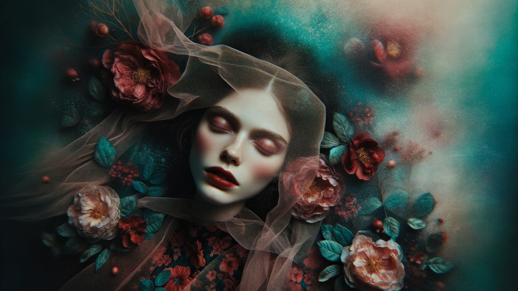 Serene female figure with floral backdrop and veil