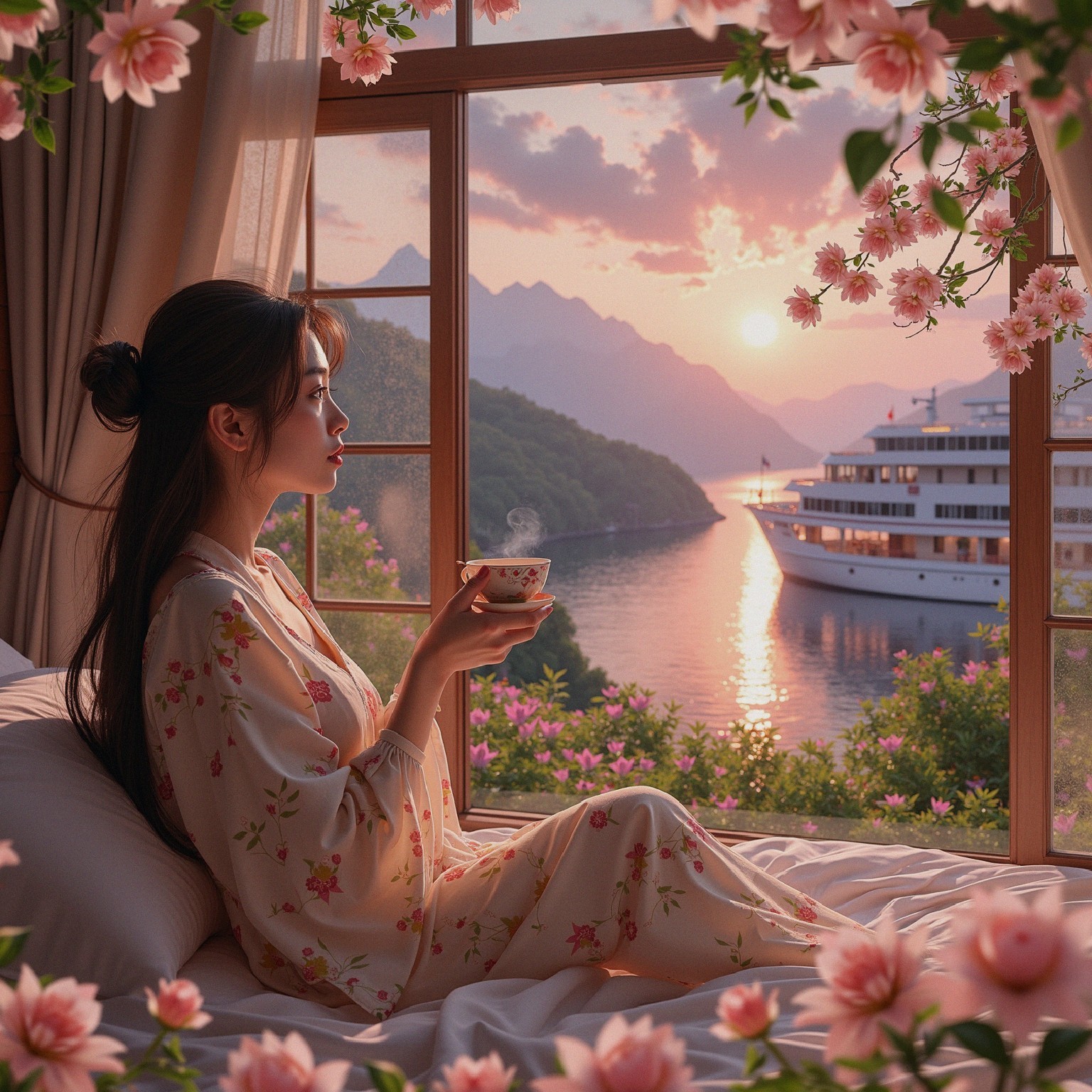 Serene Morning Scene with Woman and Scenic View