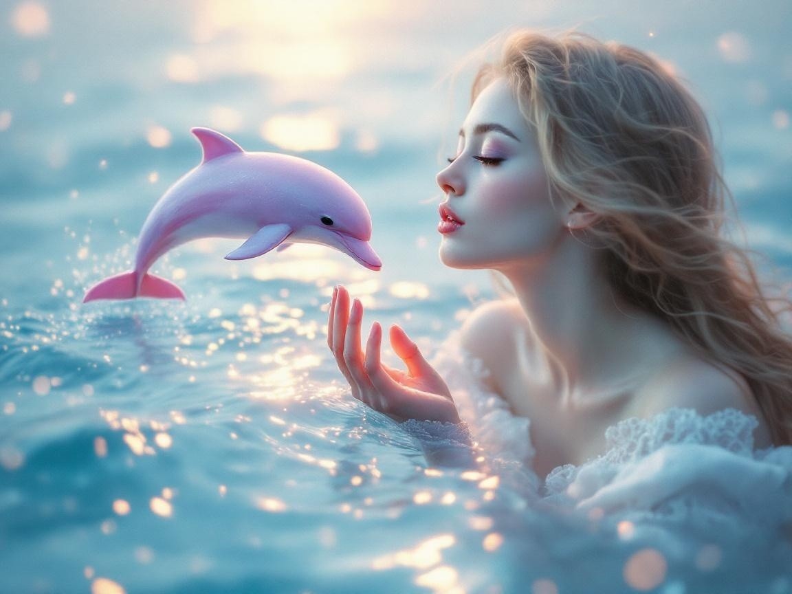Ethereal Scene of Woman and Dolphin in Tranquil Waters