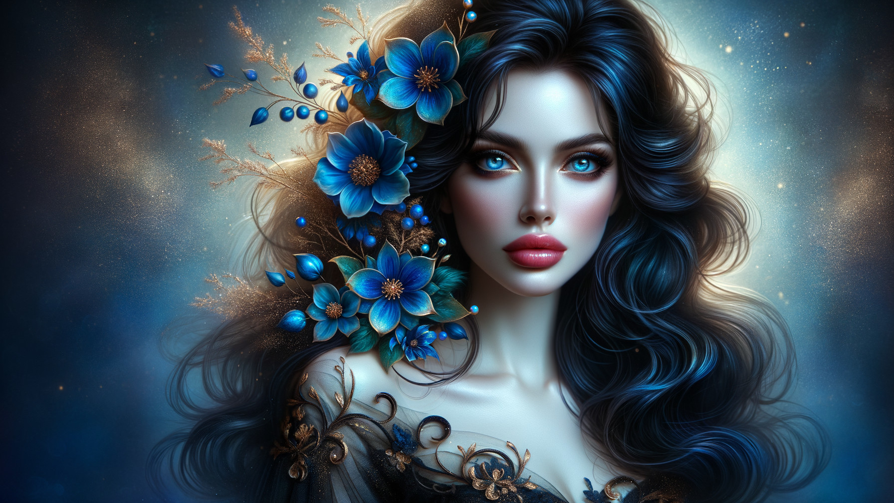 Portrait of a woman with dark hair and blue flowers