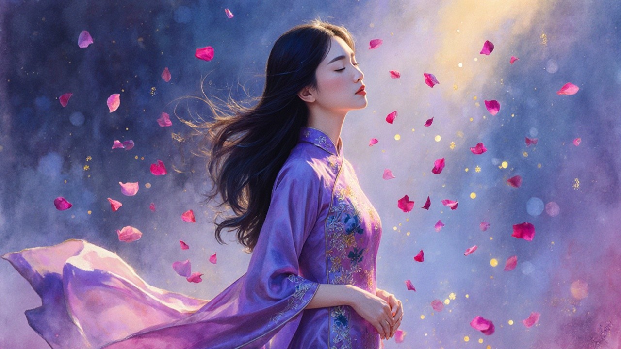 Serene Woman in Purple Robe Surrounded by Petals