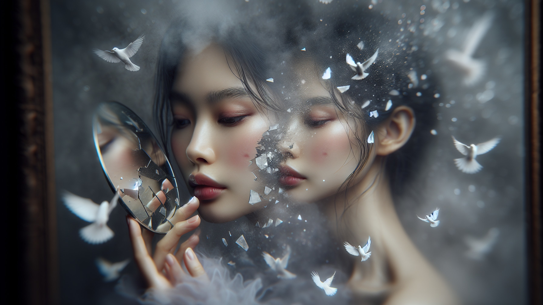 Portrait of a Young Woman with Fragmented Mirror and Doves