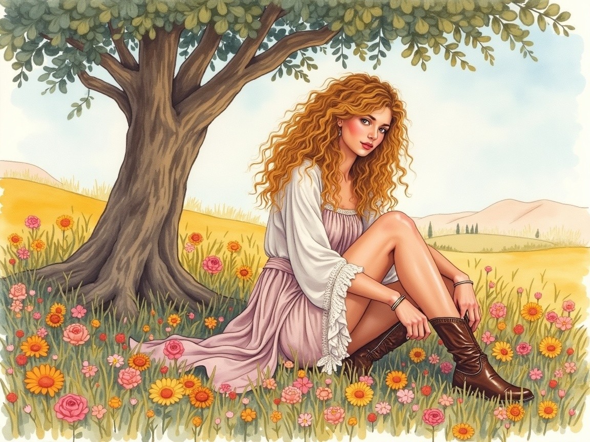 Young woman in a meadow with colorful flowers and tree