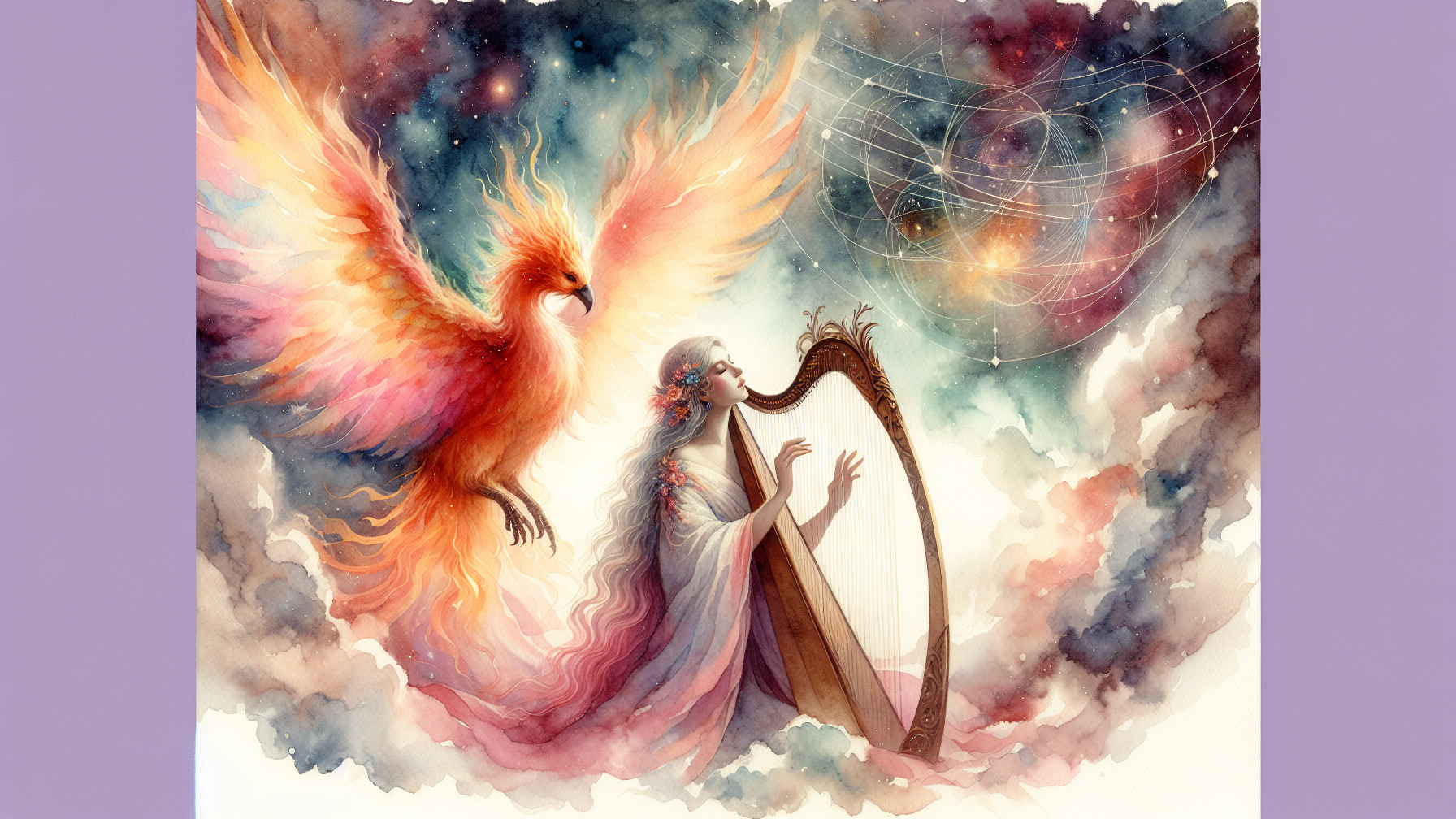 Serene Figure with Harp and Vibrant Phoenix in Cosmos