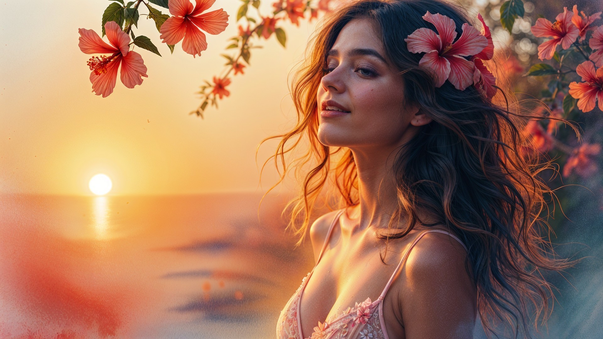 Young Woman with Hibiscus Flowers at Sunset