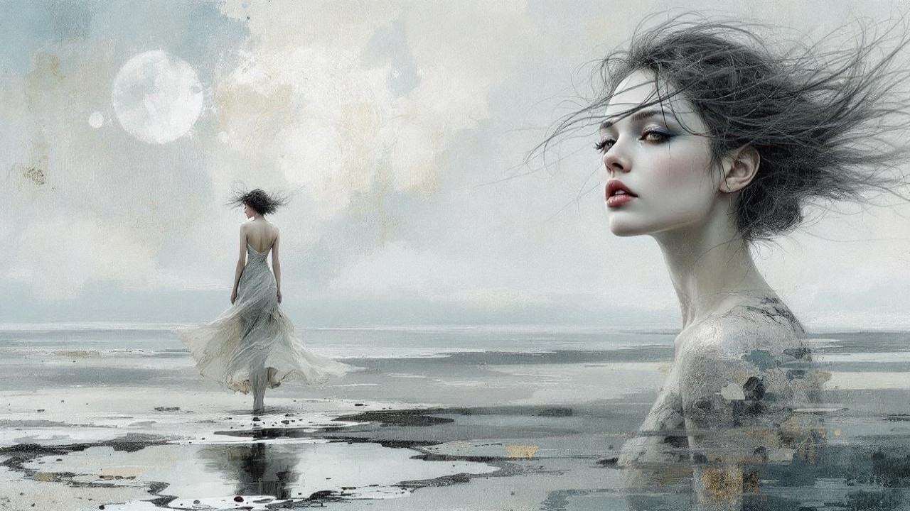 Ethereal Scene of Woman by Reflective Shoreline