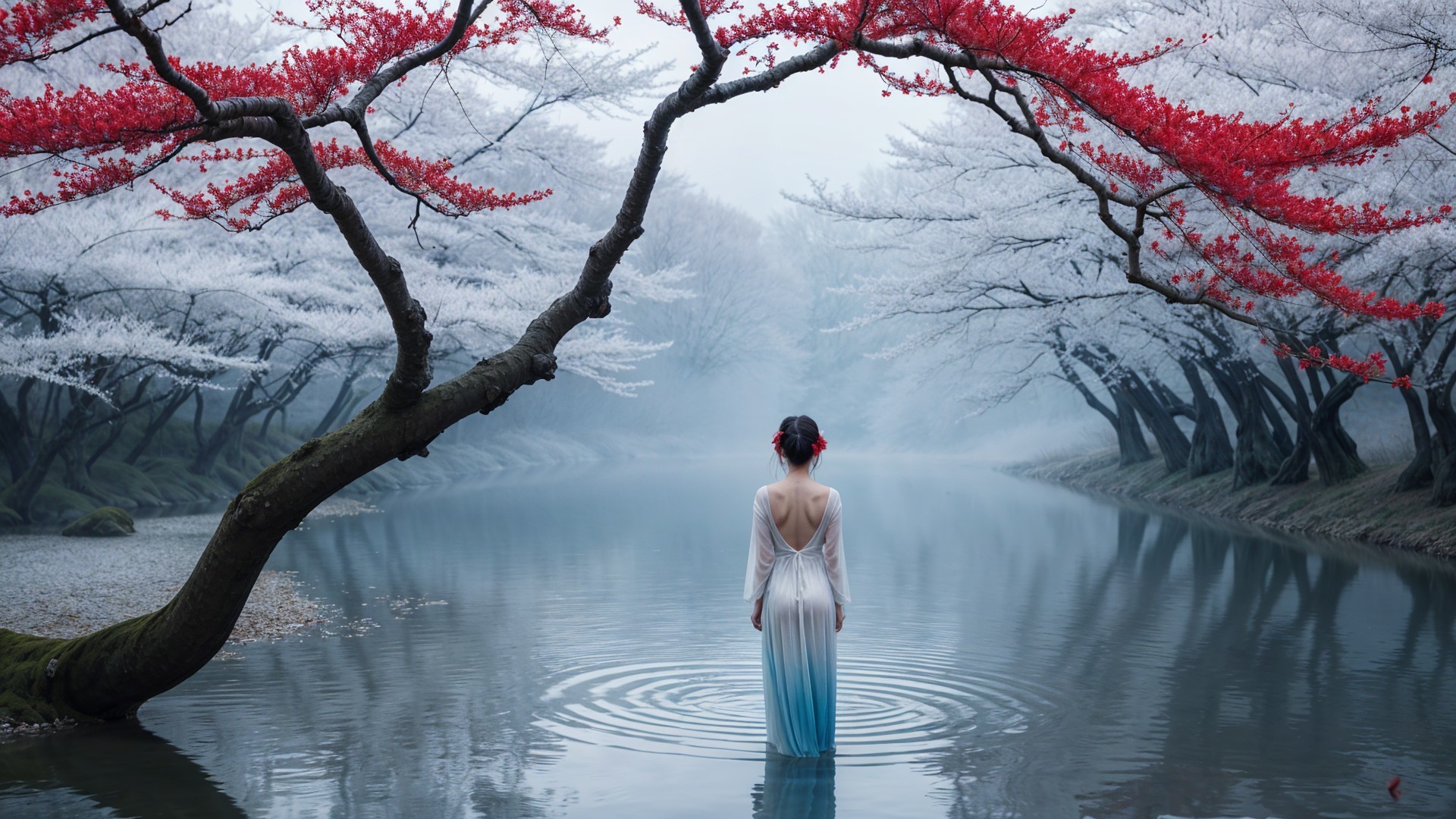 Woman in flowing dress in misty lake with trees