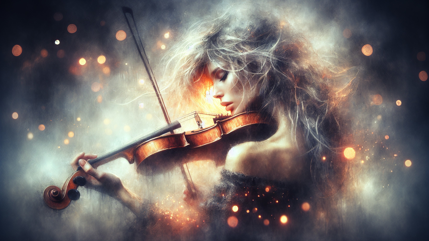 Woman Playing Violin in Ethereal Light and Haze