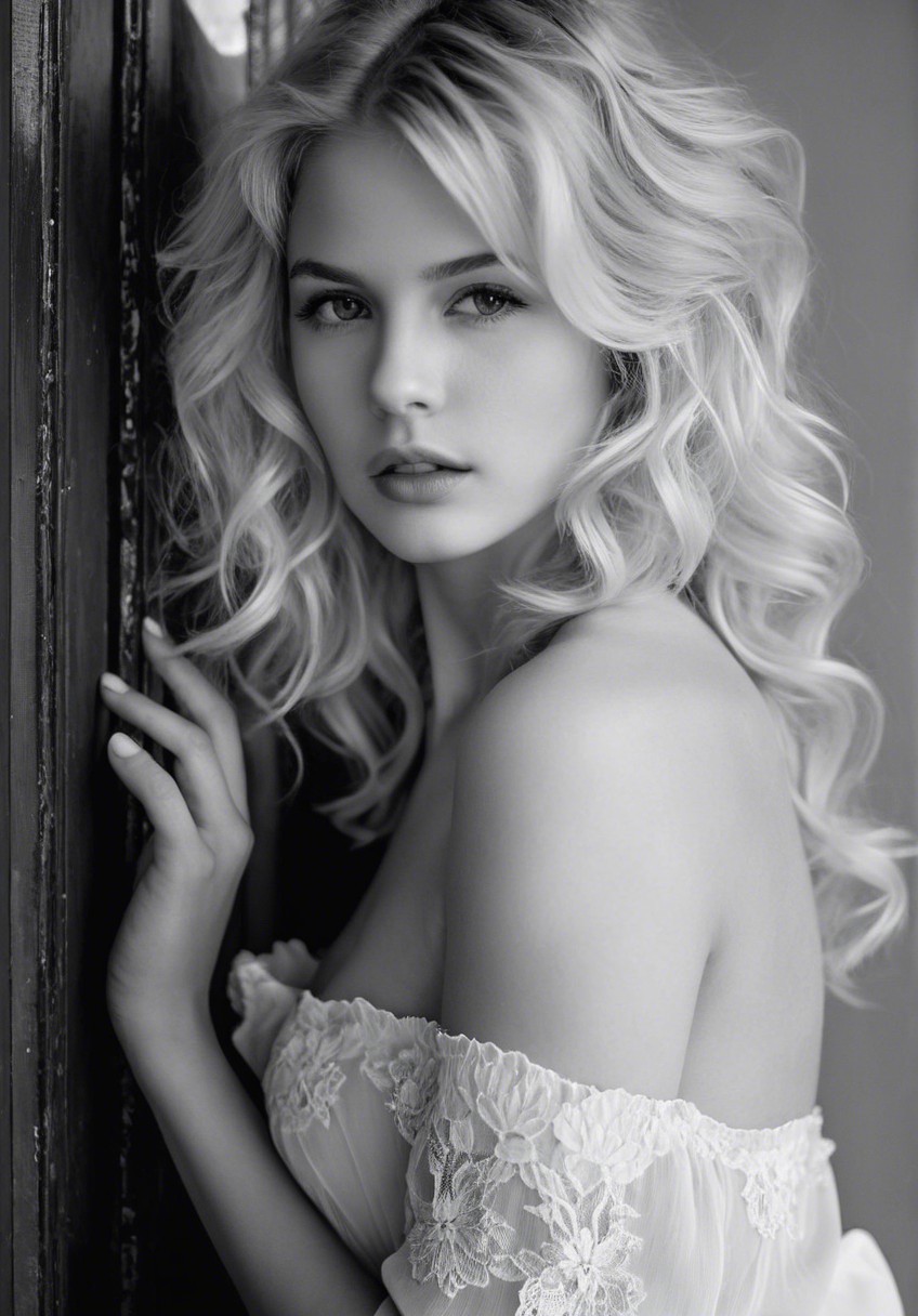 Black and White Portrait of a Young Woman with Lace Top