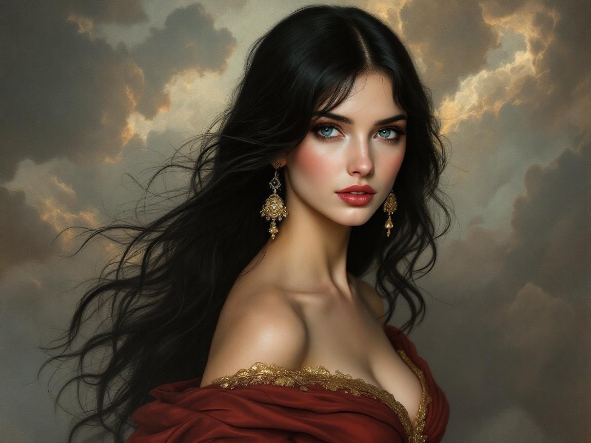 Portrait of a Young Woman in Elegant Red Gown