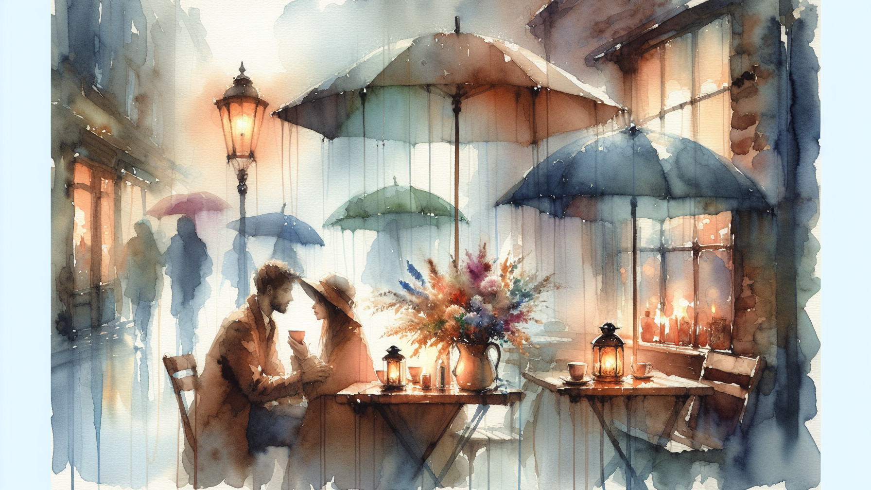 Watercolor Scene of Romantic Café with Umbrellas