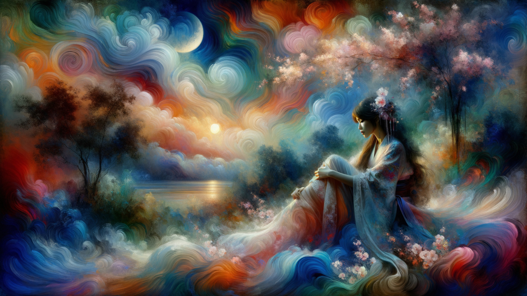 Serene Woman in Traditional Attire Amidst Vibrant Landscape