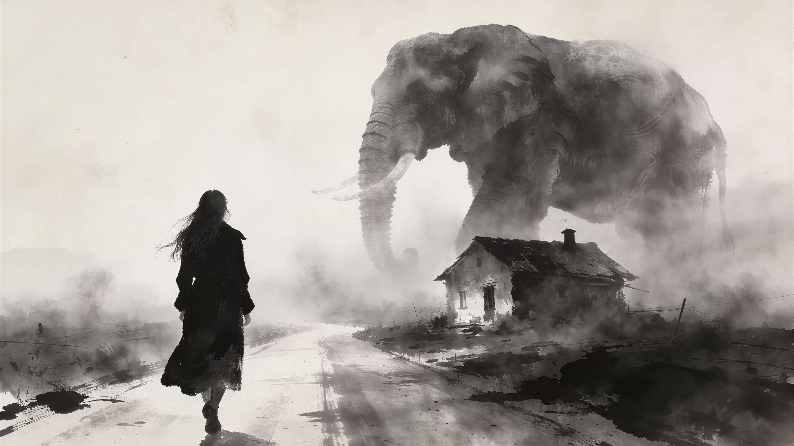 Moody Ink Wash Painting of Woman and Ghostly Elephant