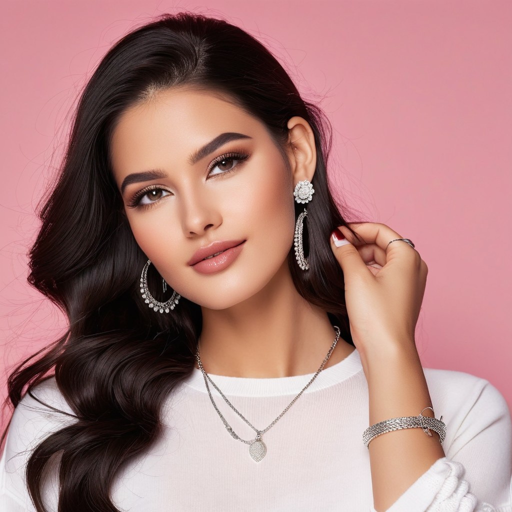 Young woman in elegant attire against pink background