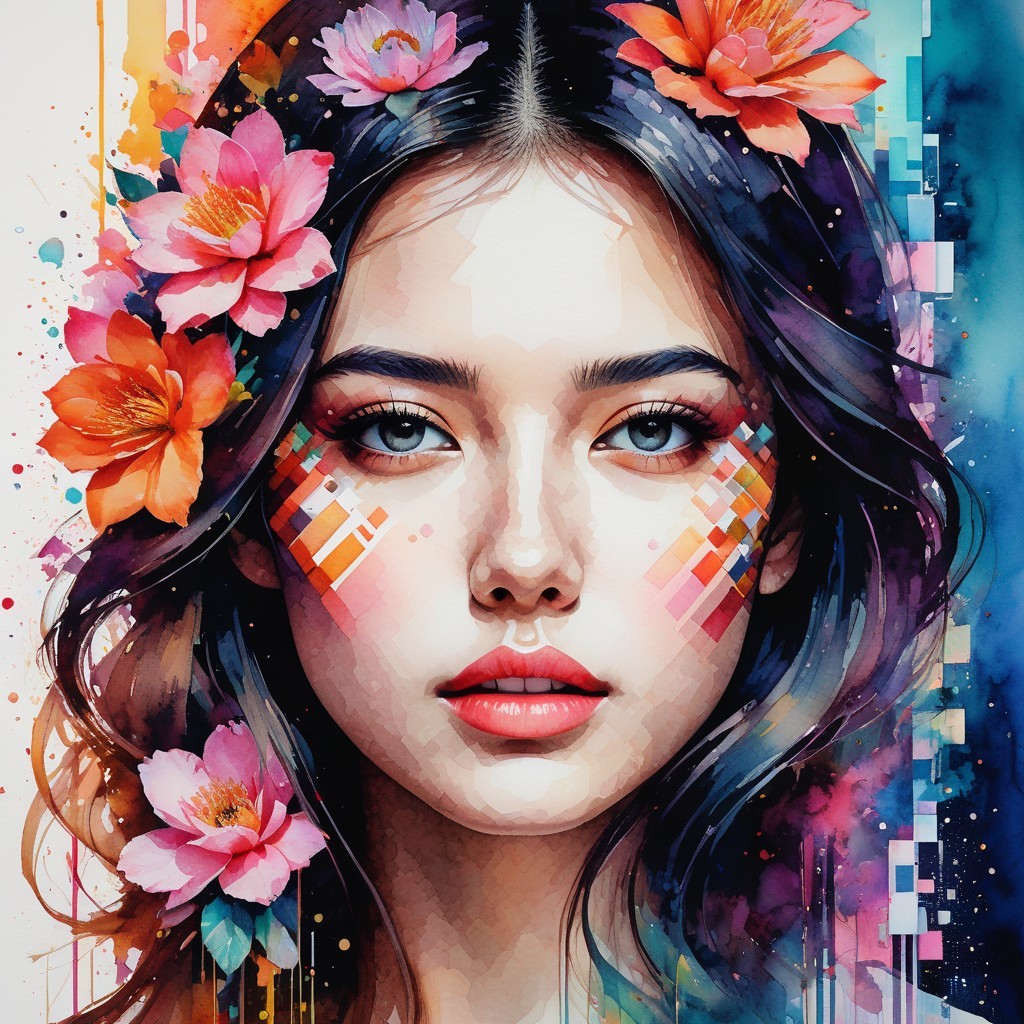 Portrait of a Young Woman with Floral Hair and Patterns