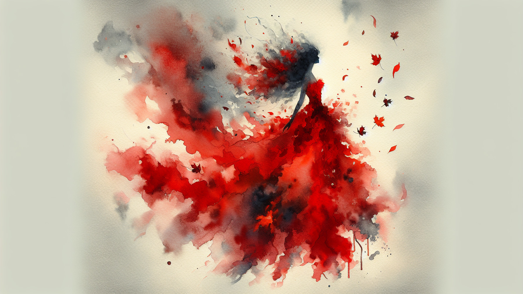 Watercolor Painting of Flowing Figure with Leaves