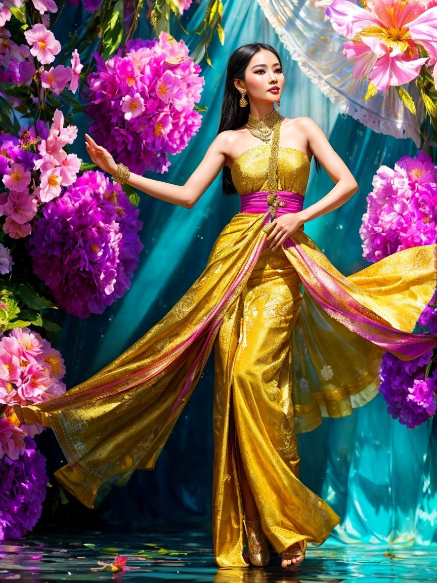 Model in Golden Dress Surrounded by Colorful Flowers