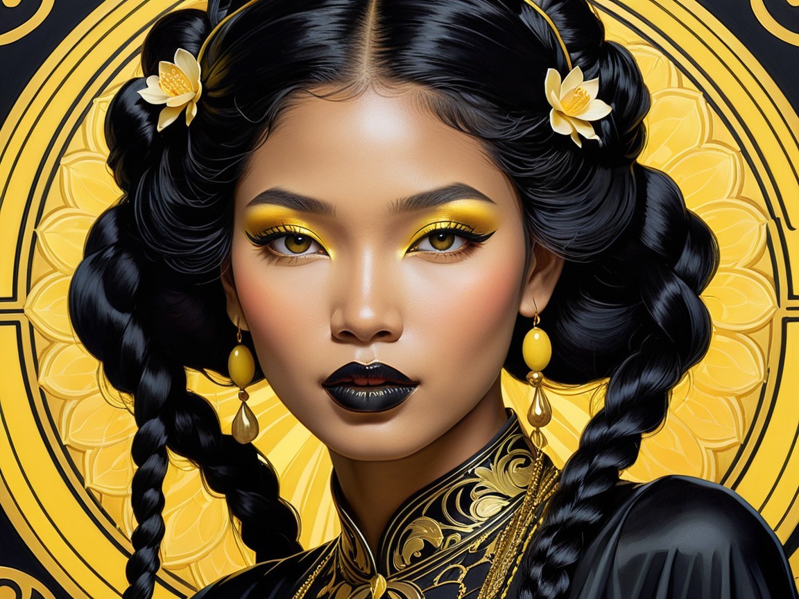 Portrait of a Young Woman with Braids and Flowers