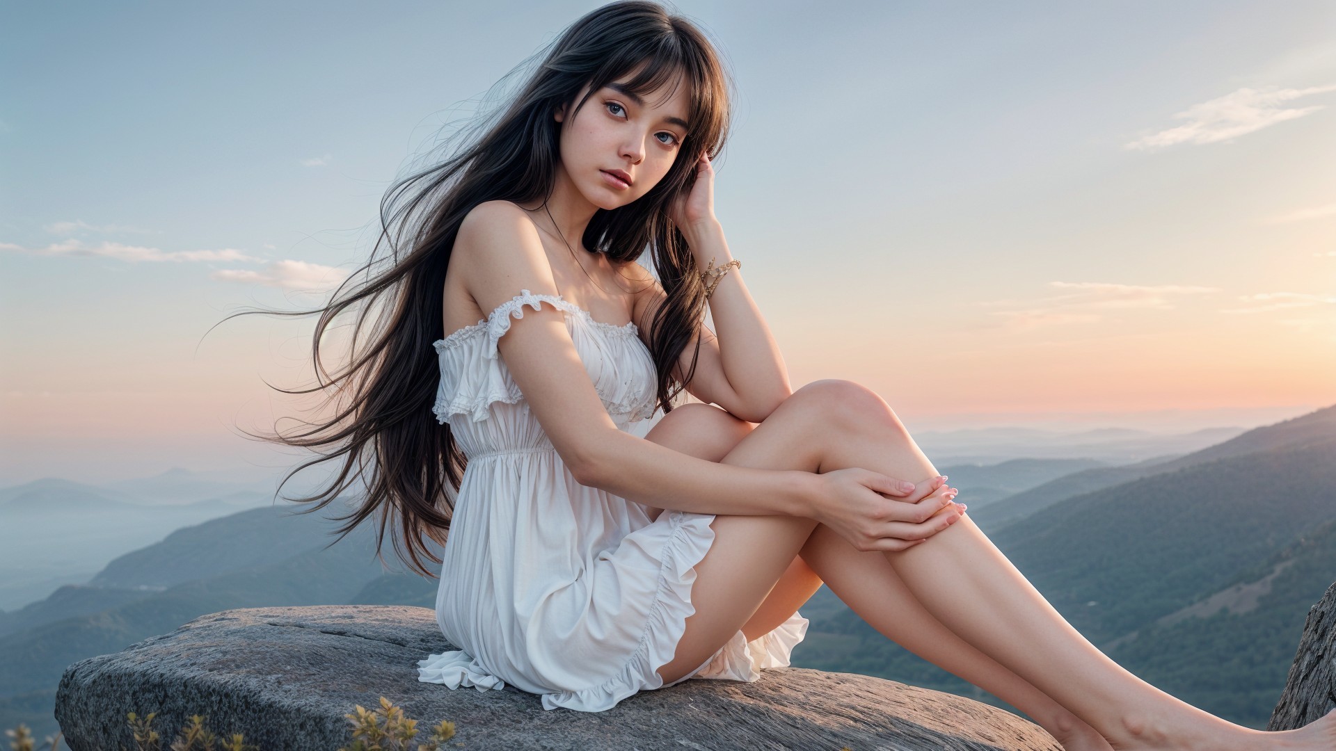 Young woman in white dress on rock at sunset