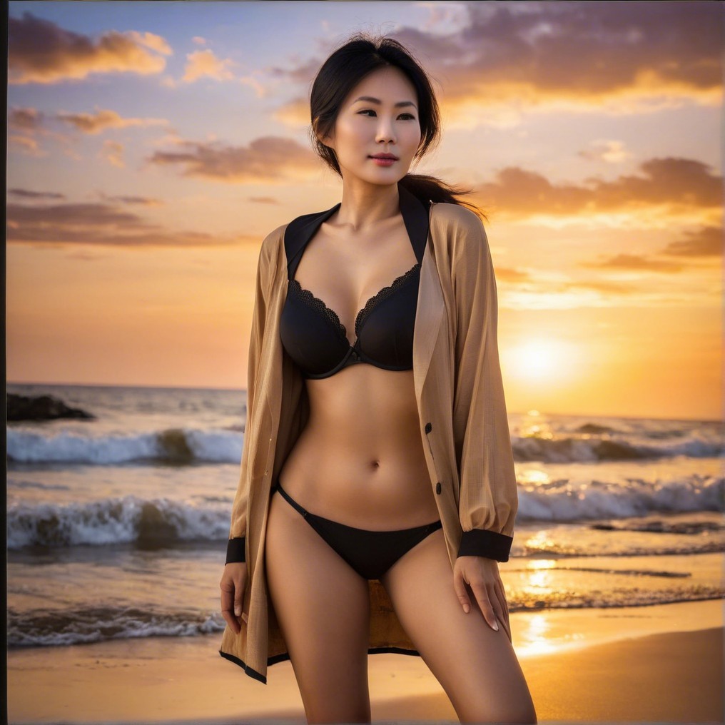 Woman in black bikini by beach at sunset