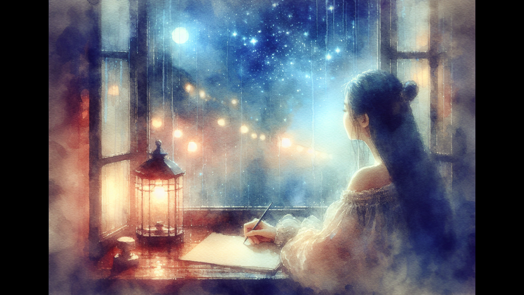 Digital Watercolor of Woman at Window with Moonlight