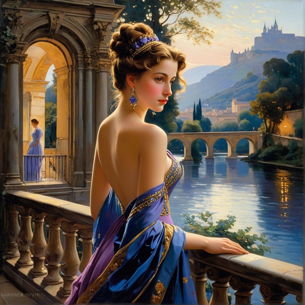 Elegant Woman on Balcony Overlooking Serene River