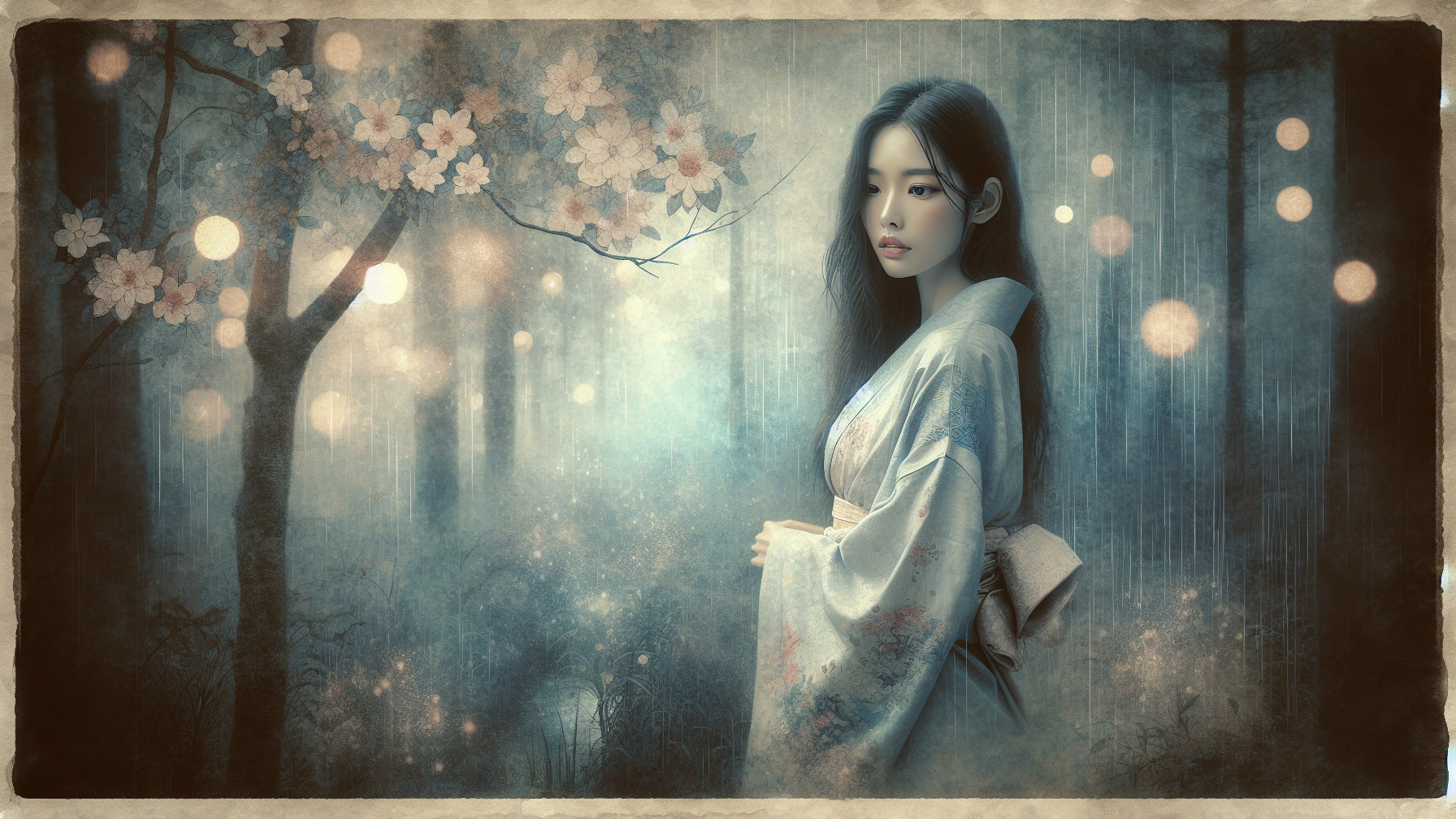 Mystical Scene of a Woman in a Kimono with Blossoms