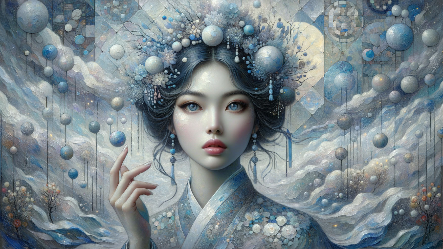 Serene Woman in Floral Adornments and Dreamlike Background