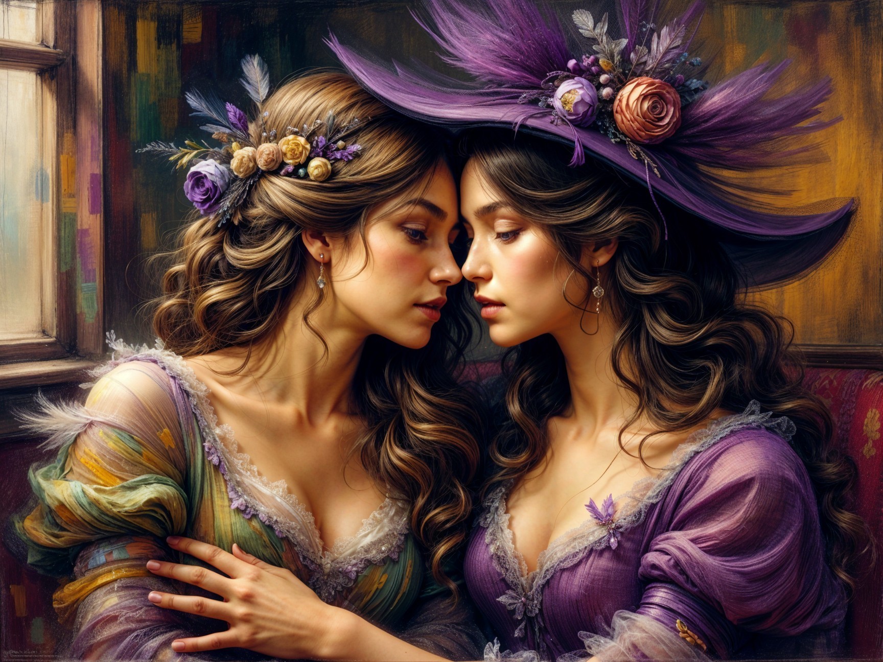 Elegant Women in Floral Headdresses in Vintage Setting