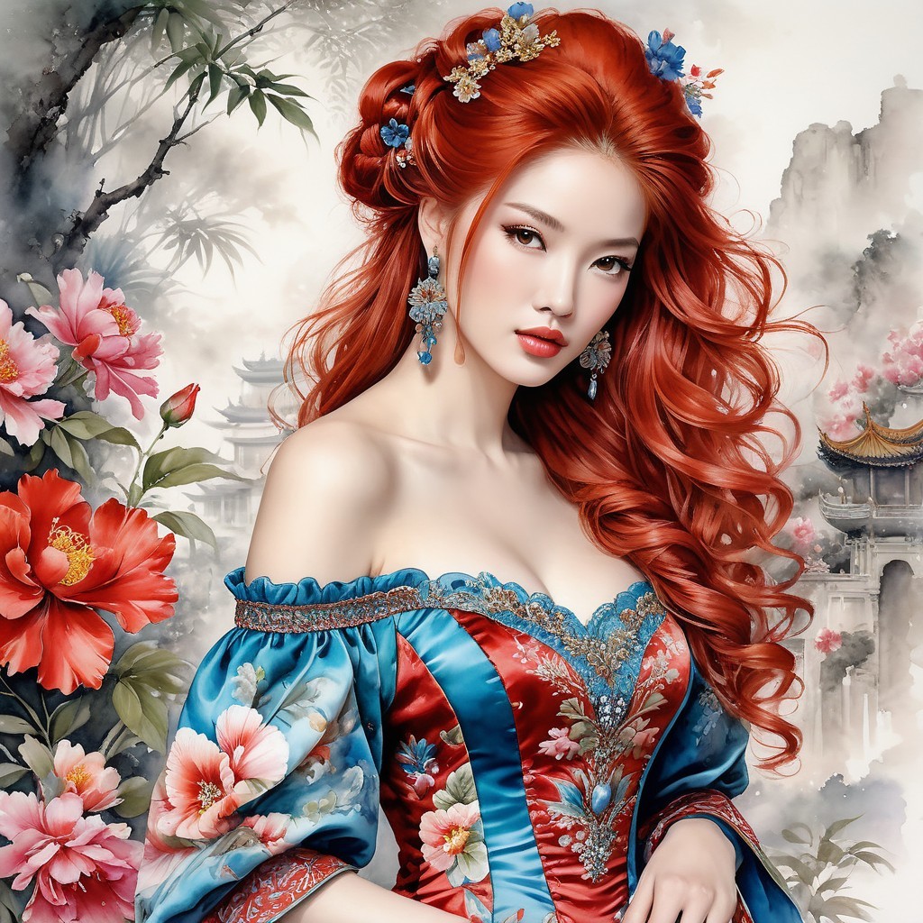 Young woman in floral dress by peonies and architecture