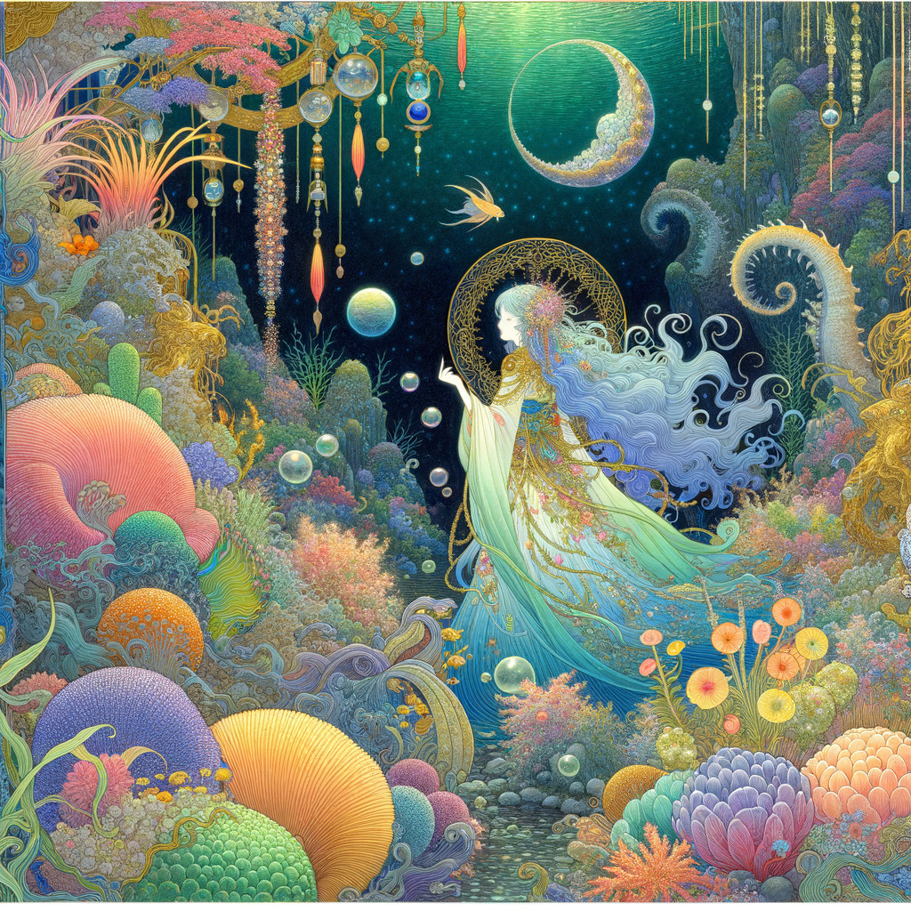 Intricate Underwater Scene with Mystical Figure and Coral