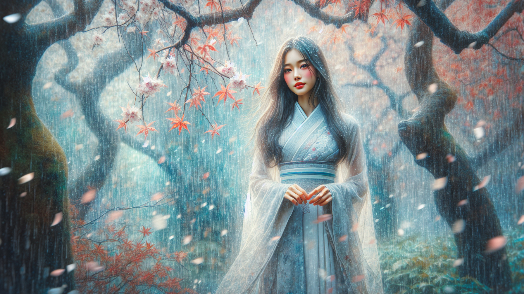 Young Woman in Rainy Cherry Blossom Landscape