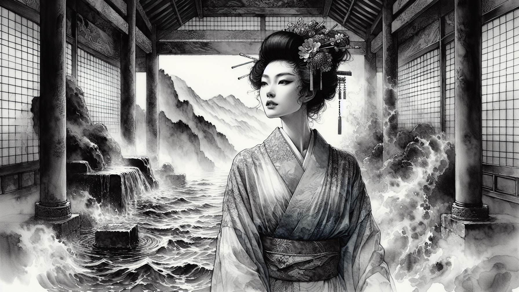 Monochromatic Image of Woman in Traditional Kimono