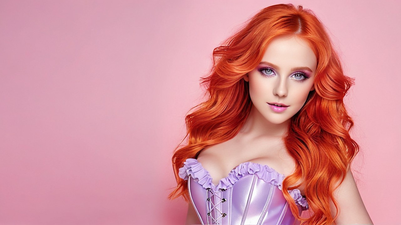 Young woman with vibrant orange hair in lavender corset