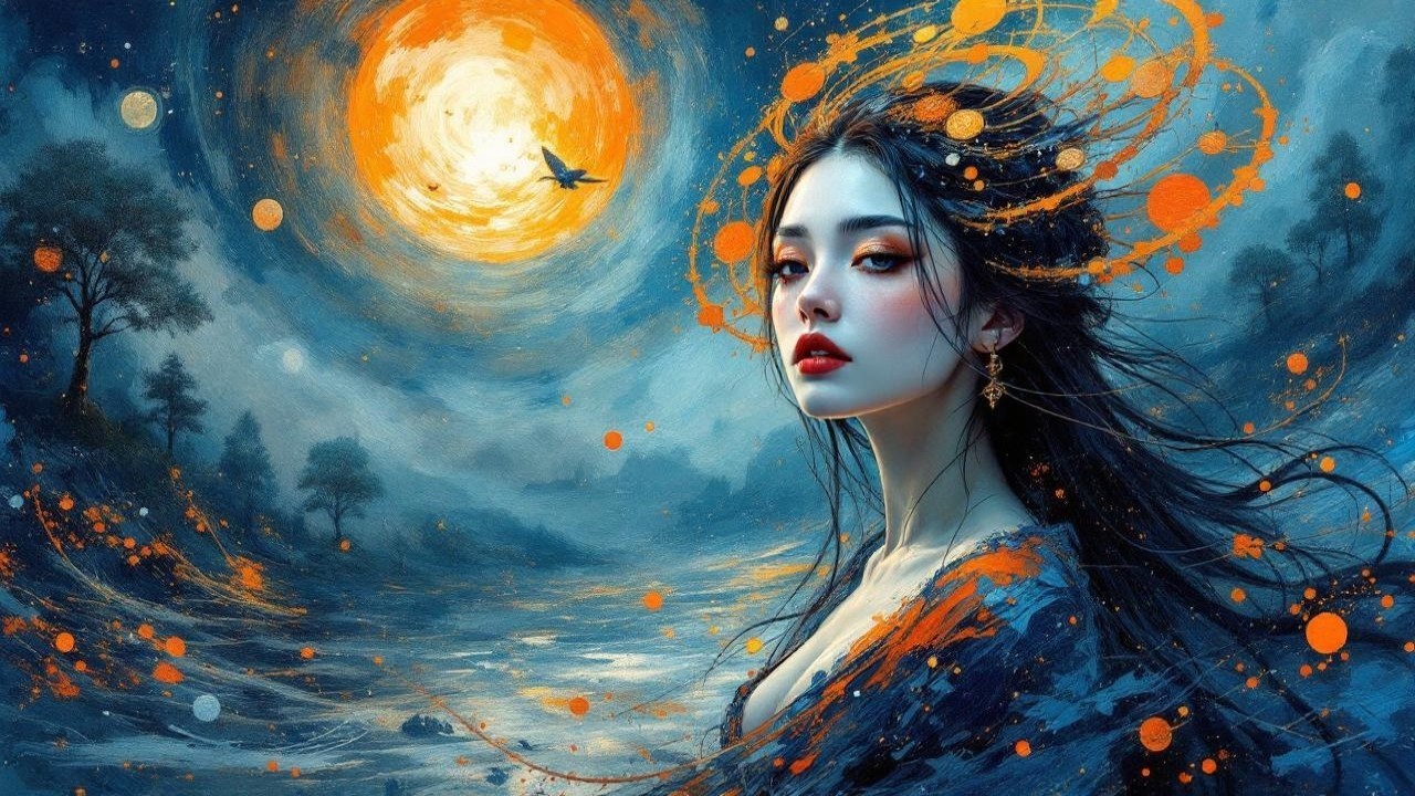 Young woman in mystical landscape with vibrant colors