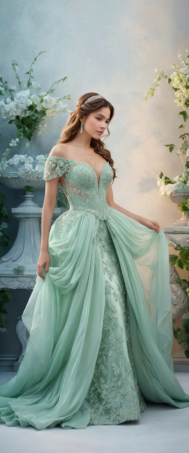 Elegant Mint Green Gown with Lace Detailing and Floral Accents