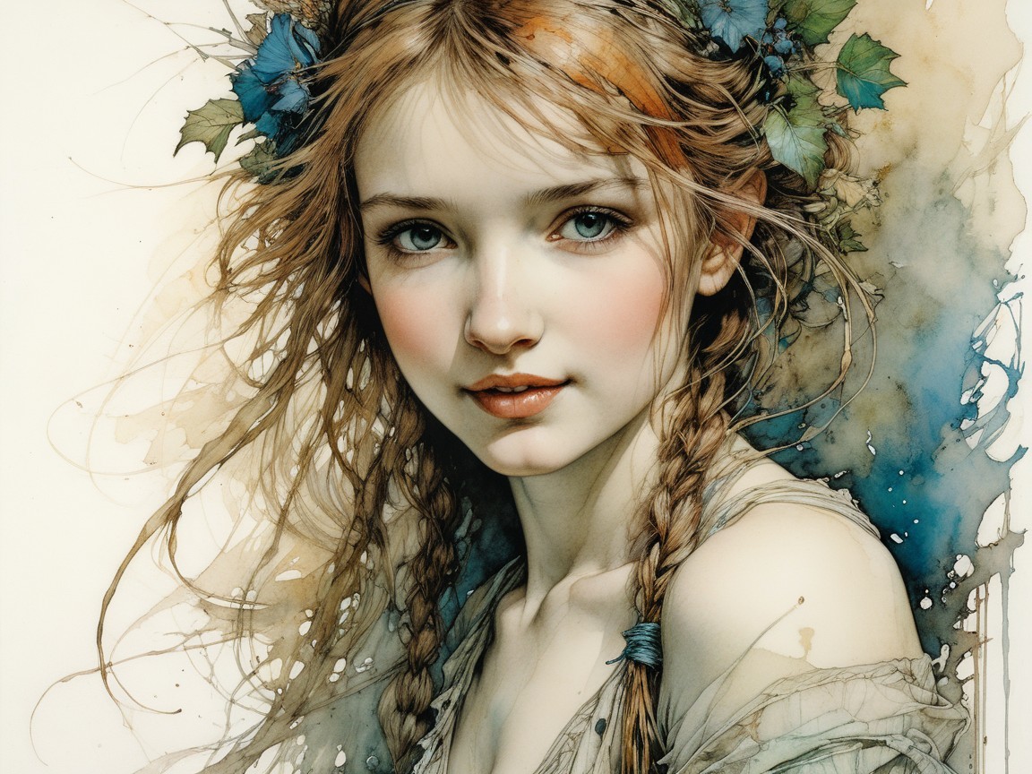 Portrait of a Young Woman with Green Leaves and Braids