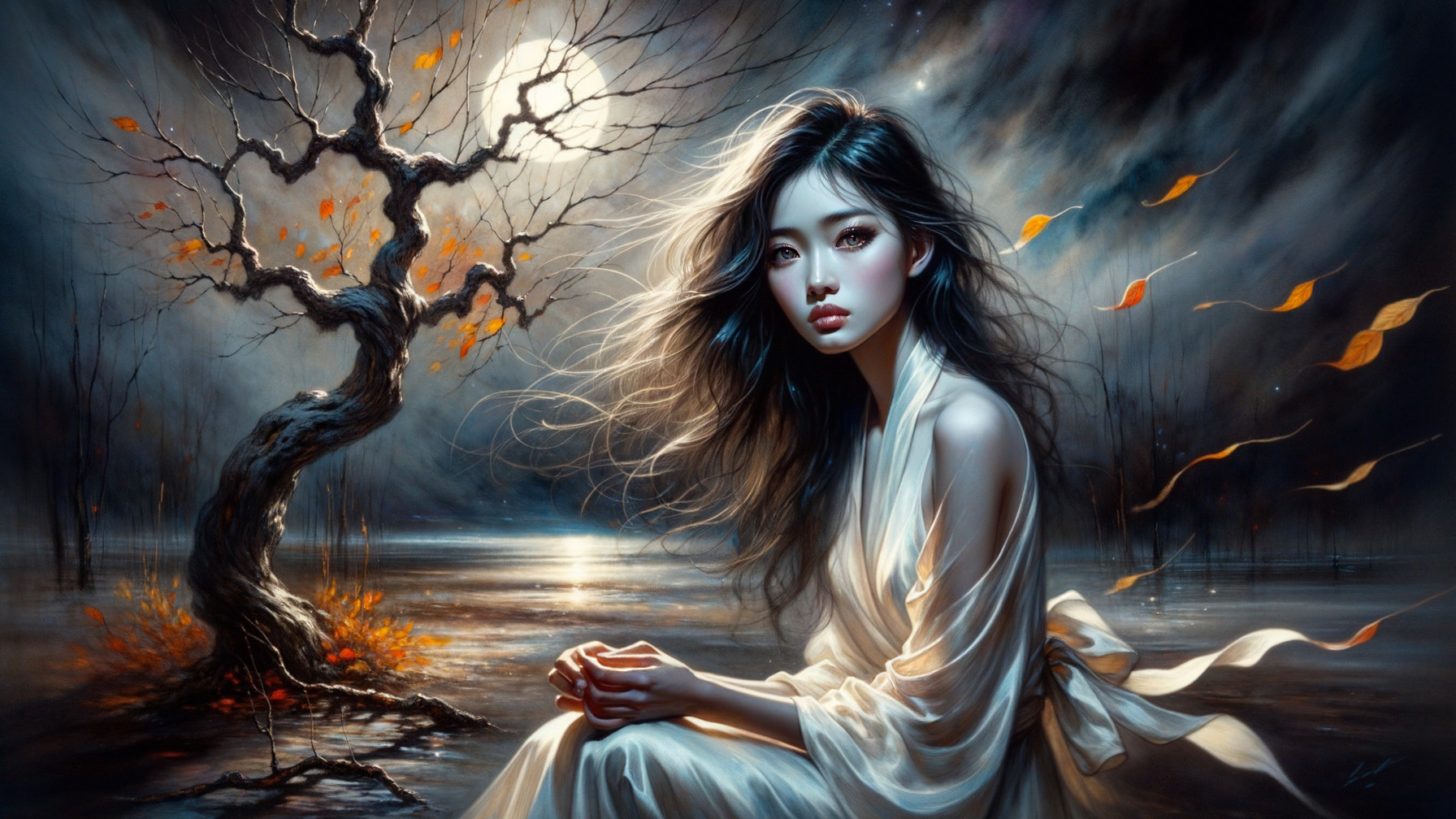 Mystical Night Scene with Woman by Tranquil Lake