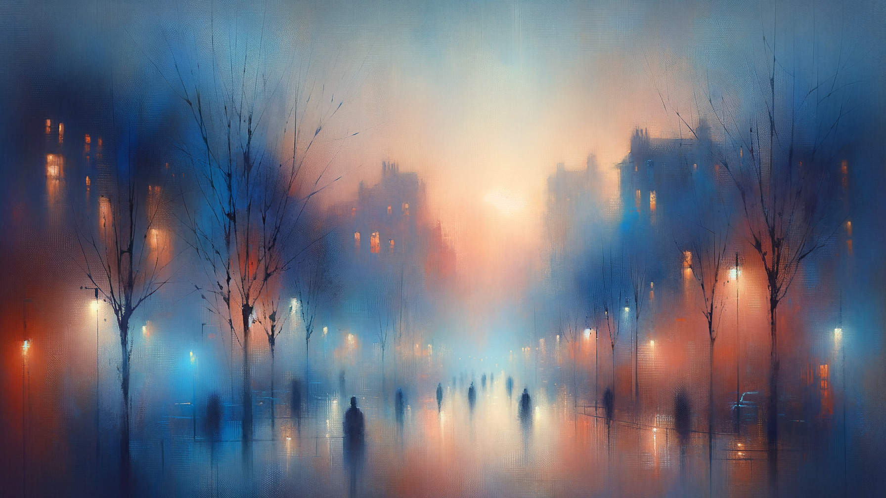 Dreamy Cityscape with Soft Blue and Orange Hues