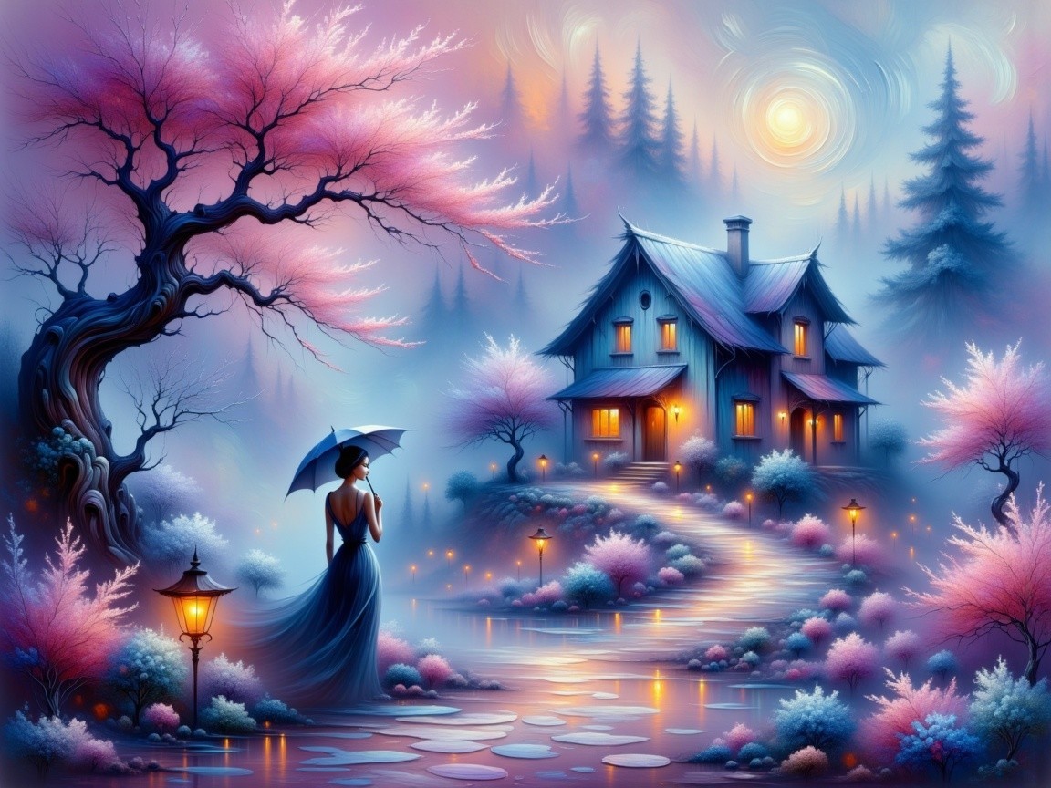 Dreamy Landscape with Cherry Blossoms and Elegant House