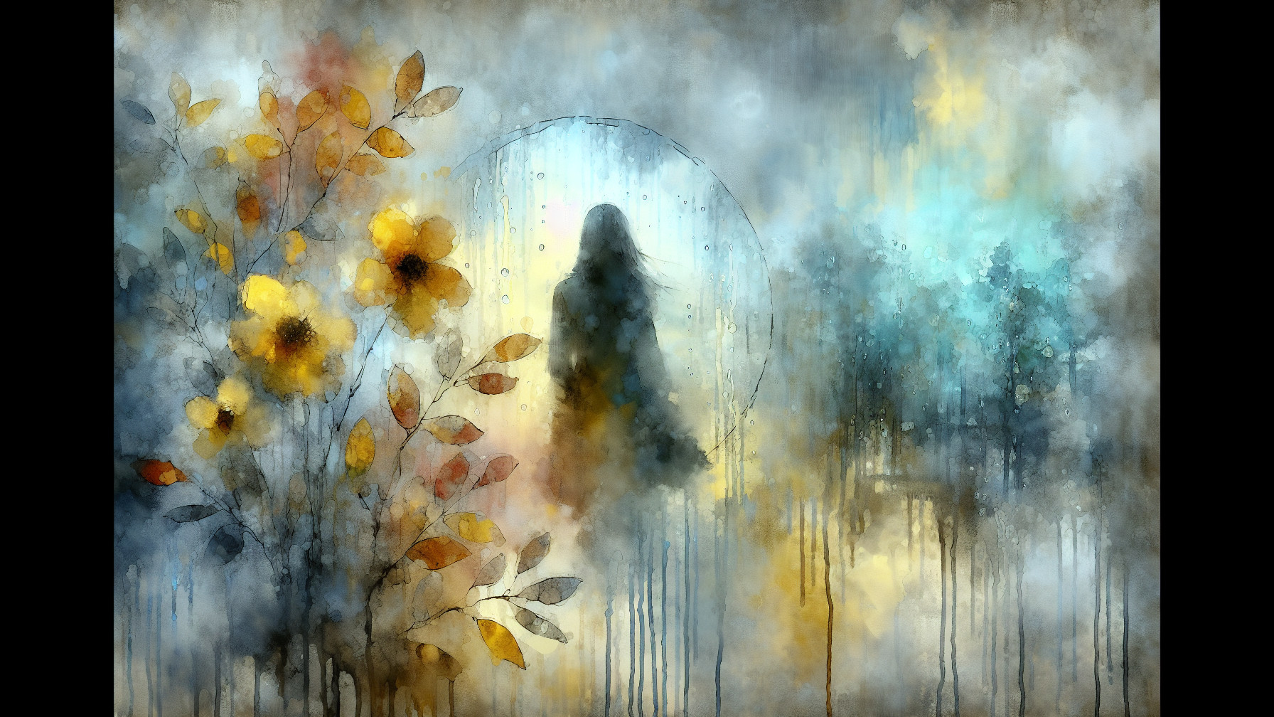 Misty Landscape with Silhouette and Abstract Flora